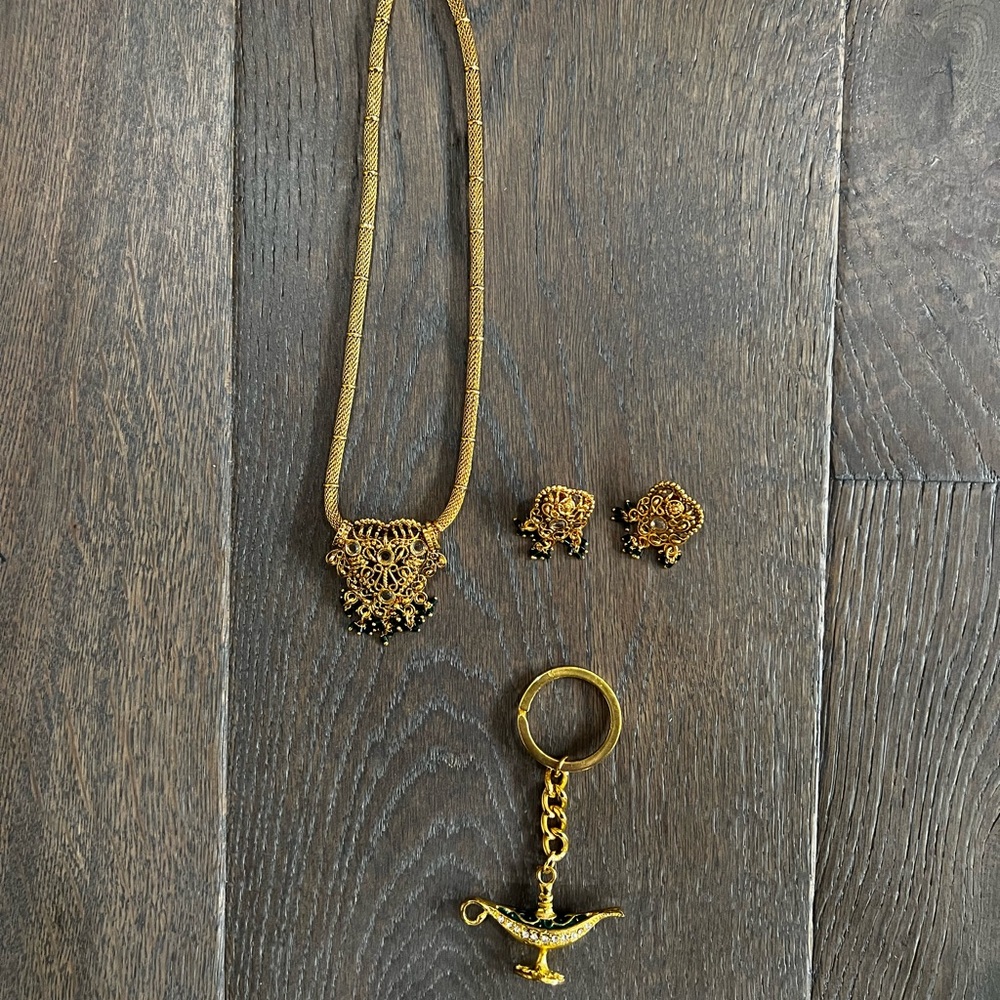 NWOT - Gold plated necklace, earrings and key chain
